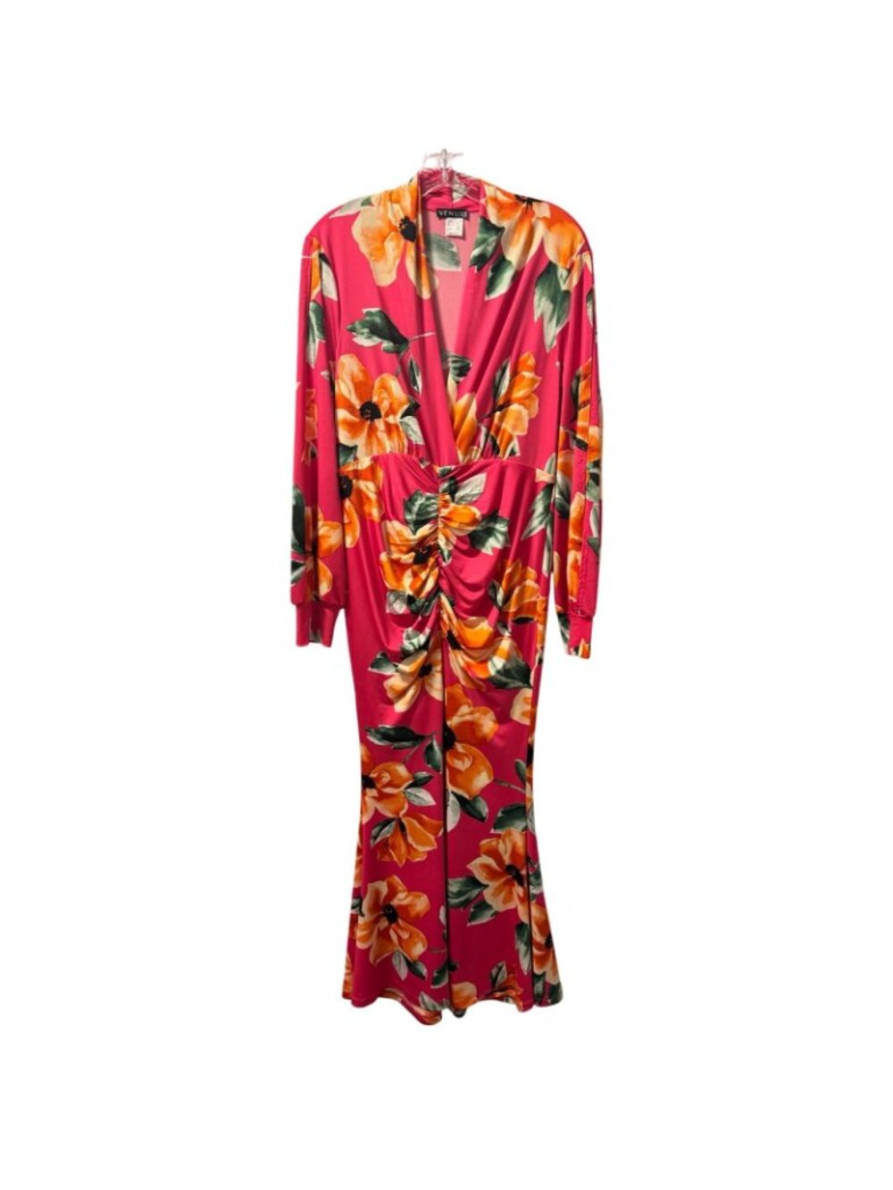 Venus Womens Pink Floral Long-Sleeve Ruched  Dress Size M Polyester Dress - Picture 2 of 12